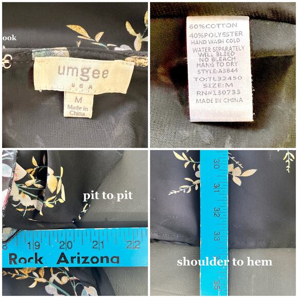 Umgee Dress Women MED Black Floral Ruffle Sheer Overlay Romantic Feminine Sweet - Picture 7 of 7